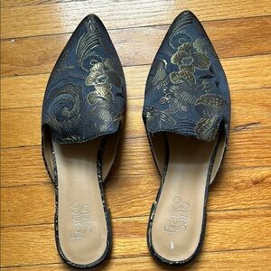 Franco Sarto Black and Gold Embroidered Mules